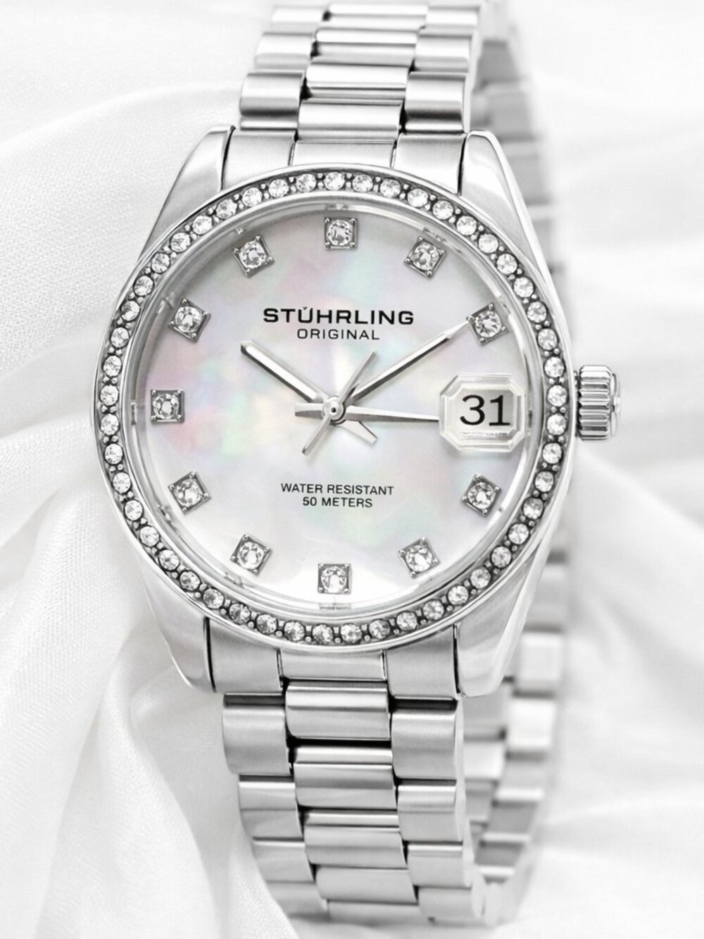Stührling Original Silver Crystal Bezel Watch | Mother of Pearl Dial | Date Wind